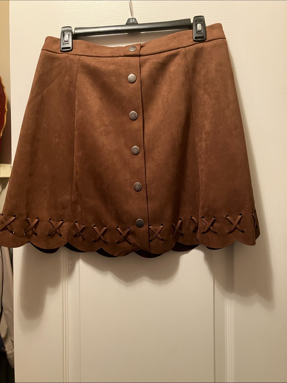 Skies Are Blue Brown Faux Suede Scalloped Mini Skirt with Decorative Front Snaps